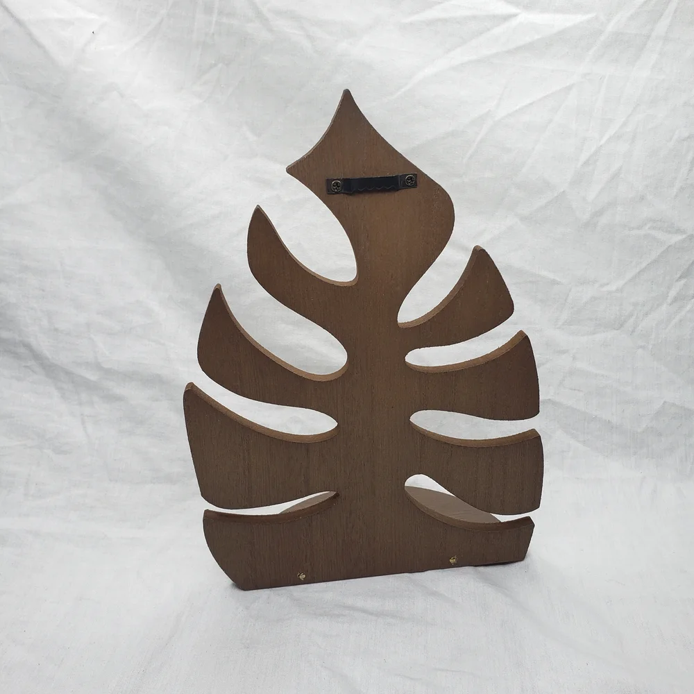 Wood Monstera Leaf Shelf With Blue Glass Vase